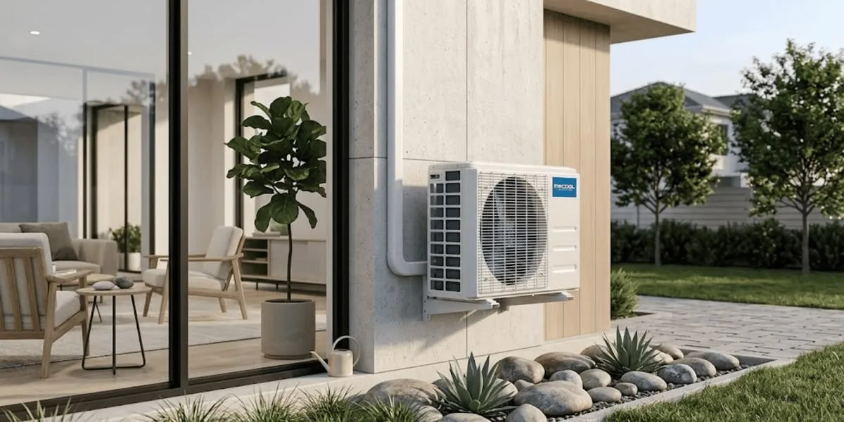 Unidad exterior de climatización instalada en el patio de una vivienda moderna